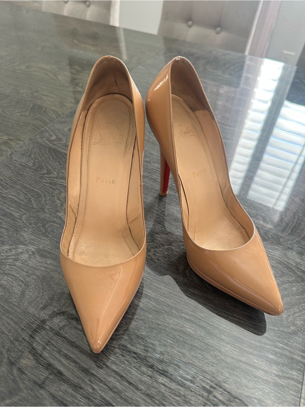 Christian Louboutin Beige Patent Pointed Toe Pumps with Red Sole